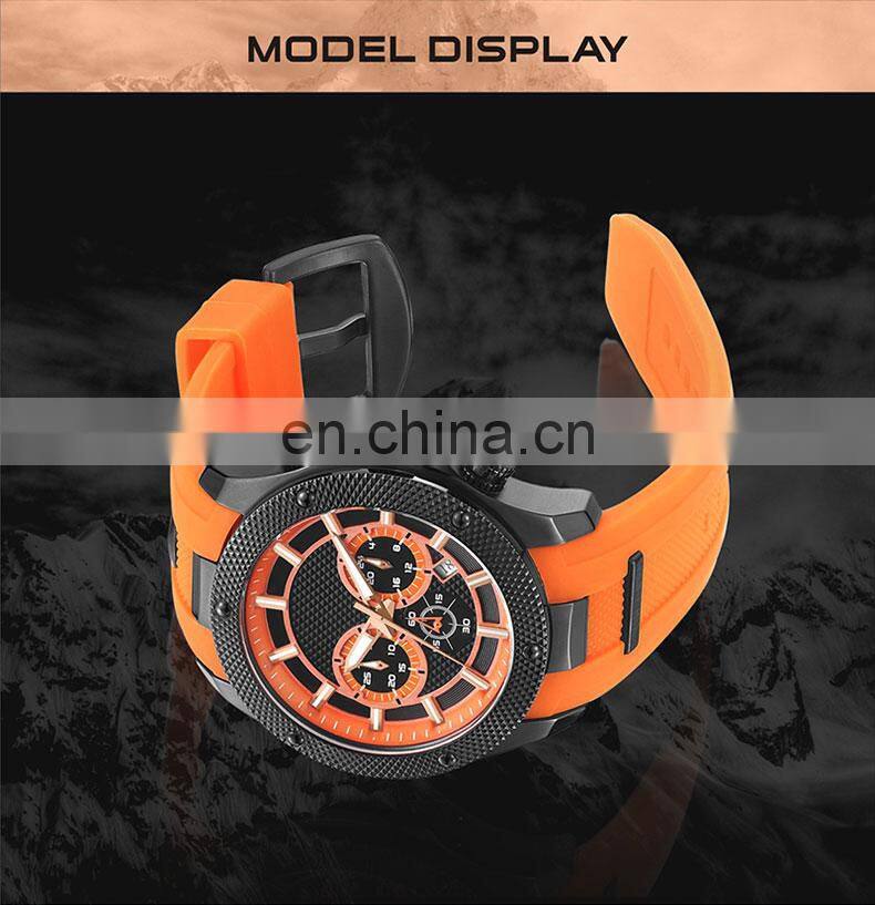 High quality rose gold case blue dial and silicone band dress steel chronograph sports watch men custom logo