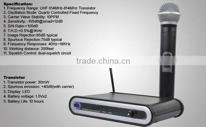Professional Plastic Body Best Wireless Microphone For Karaoke UHF-13