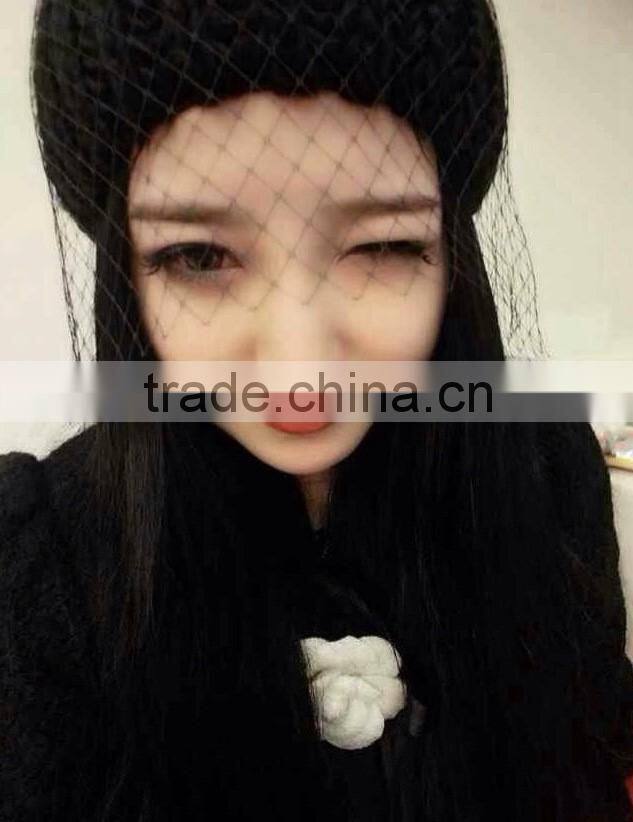 Hot Selling Lace Cover Tied Plain Acrylic Knitting Fashion Ladies Beanie Hat