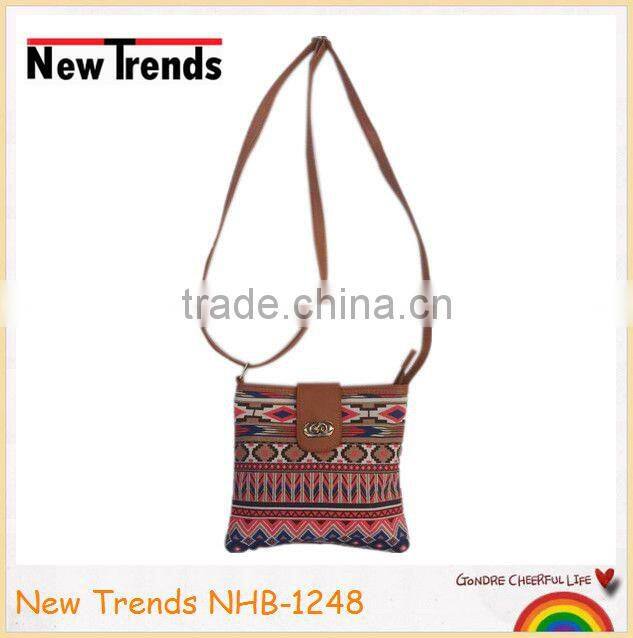 Fashion red combo aztec tribal printing canvas and PU shoulder bag
