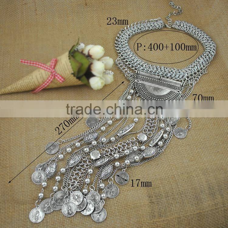 long silver multilayer tassel coin necklace, coin holder necklace