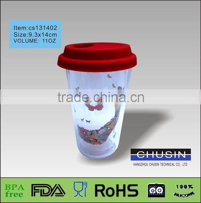 double wall glass mug with silicon lid & sleeve