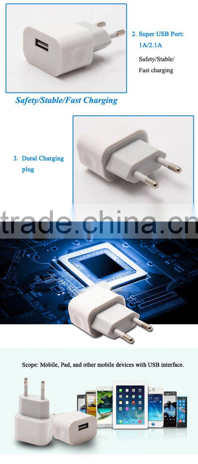 5V 2.1A 1USB portable mobile charger | usb travel charger
