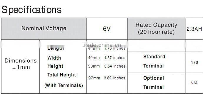 Sealed type free maintenance type 6v 2.3ah 2.5ah battery