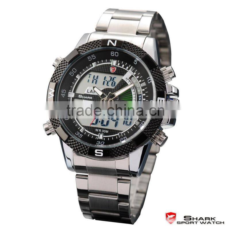 Mens Shark Digital LCD Outdoors Analog Quartz Sport Steel Wrist Watch