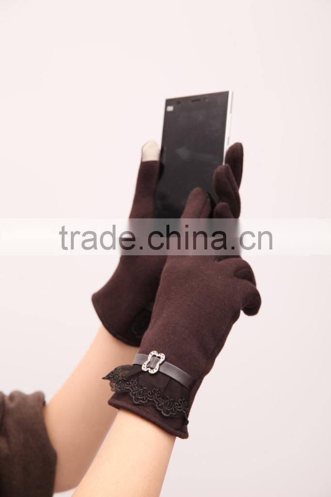 New Autumn Winter Womens Touch Screen Gloves Winter Knit Velvet Warm Gloves Mittens Lace Side Design