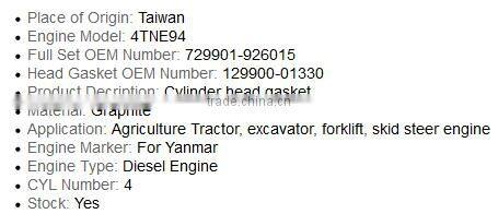 4TNE94 graphite head gasket for Yanmar diesel tractor engine replacement Parts