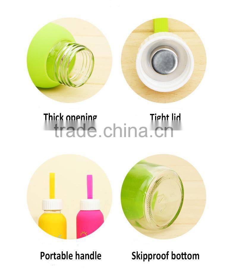 X008 Portable 300ML glass bottle Student bottle with silicone sleeve smile water sport bottle