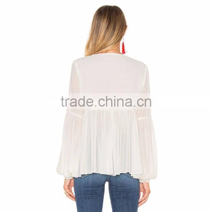 Long Sleeve Casual White Blouse For Middle Aged Women