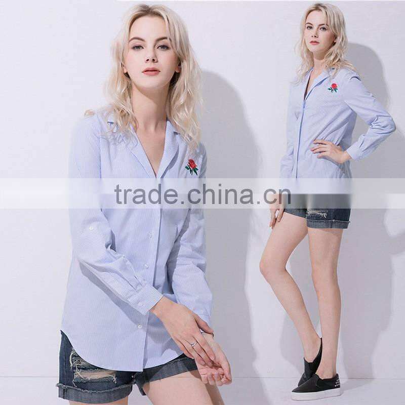2017 Latest Fashion Lady Long Sleeve Stripe Casual Blouse Design
