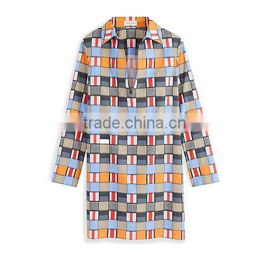 2015 fashion v-neck poplin tunic long sleeve dress for women