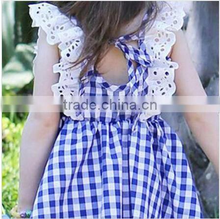 New arrival children clothes lace trim bule plaid kids clothing wholesale 100%cotton baby nice dress