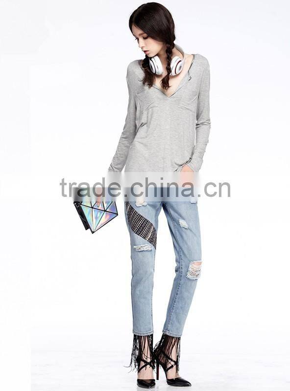 Slim fit women gray long sleeve large V-neck t shirt