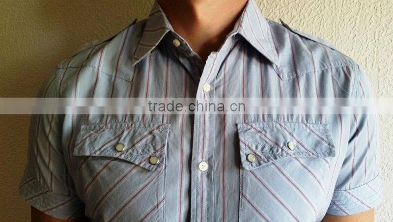 Man's Light Blue, white, Red Striped Short Sleeve Casual Shirt