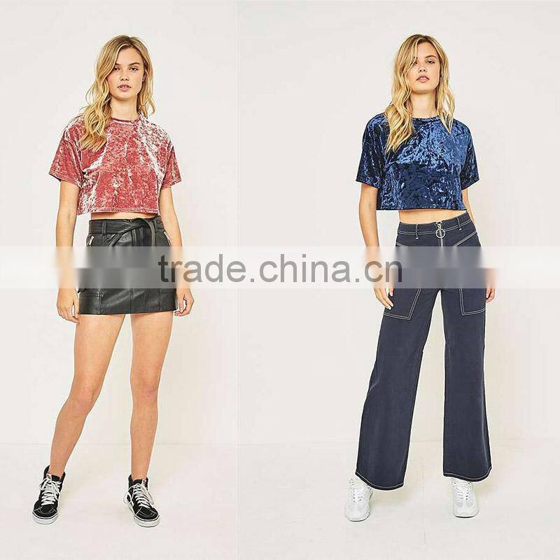 Slight blink crushed velvet O-neck short sleeves cropped t shirt tank tops