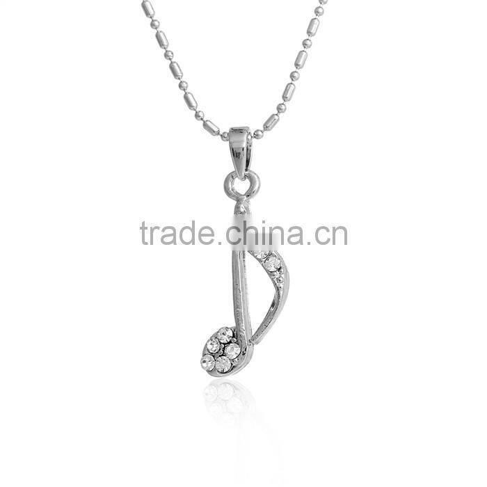 Fashion Copper Lobster Clasp Necklace Musical Notes Silver Tone Clear Rhinestone 41.7cm long