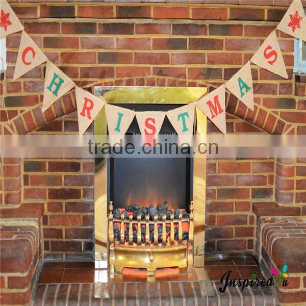 Burlap Hessian Vintage Christmas Bunting Banner, Shabby Chic Bunting Banner & Red Snowflakes