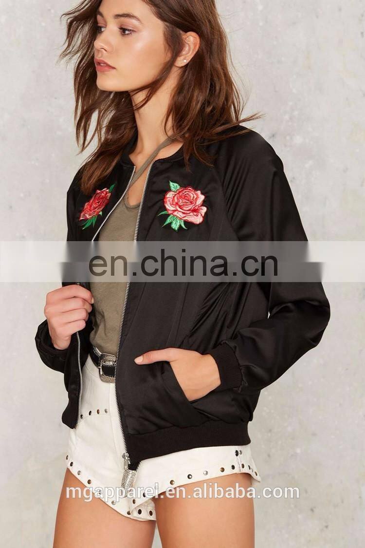 2017 Custom Wholesale Rose Embroidered Satin Bomber Jacket Women