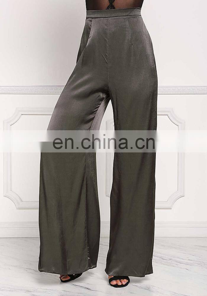 China Product Hot Sale Dark Olive Silky Side Slit Slacks women Long Maxi Pants