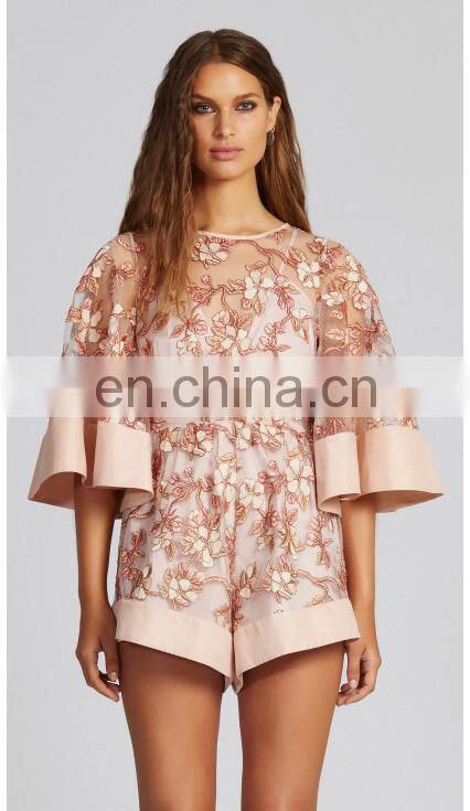 high quality short sleeve transparent hollow lace flower especially short jumpsuit