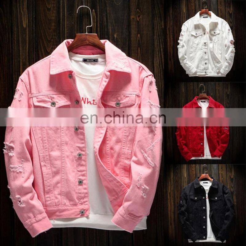 Custom men's denim jacket trendy fashion hip-hop streetwear ripped denim men's motorcycle jacket bomber jacket