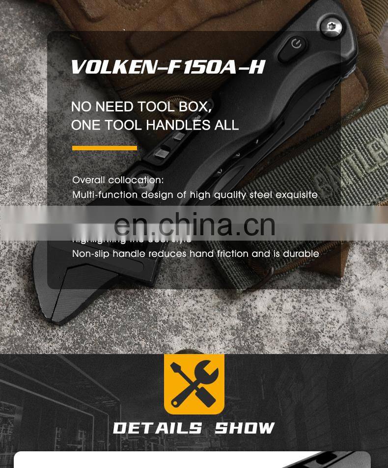 All black adjustable wrench for outdoor multi-purpose combination tool wrench with light attached