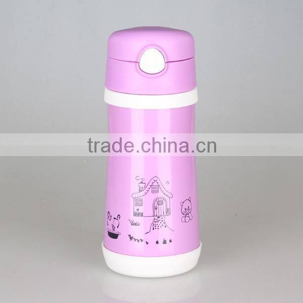 Double wall pink vacuum flask for kids with inner cap straw and carabiner vacuum flask