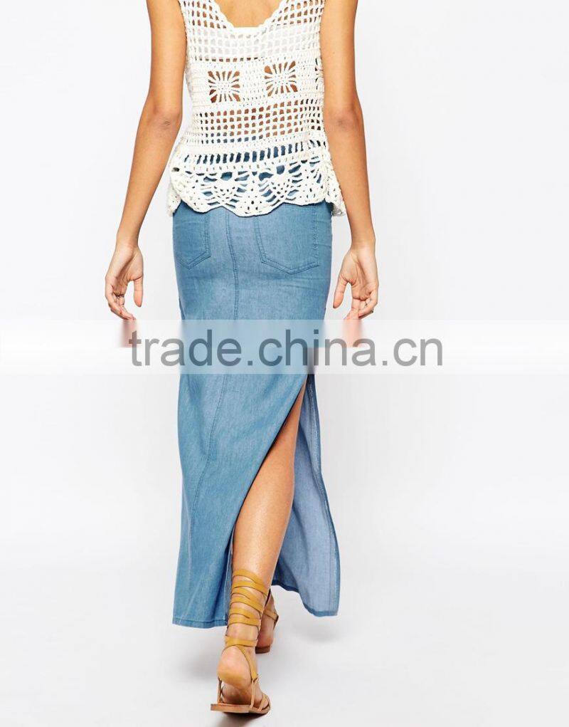 Fashion Women divided Long Maxi Skirt in Chambray Denim