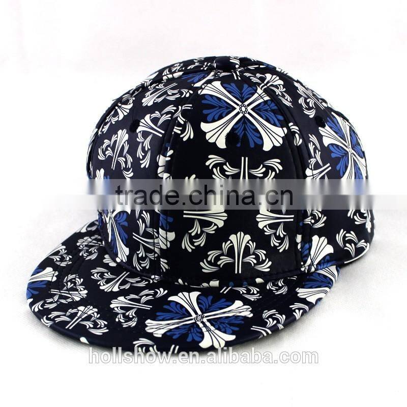 Punk Rock Flower Printed PU Leather Fabric Flat Hiphop Streetdance Cap