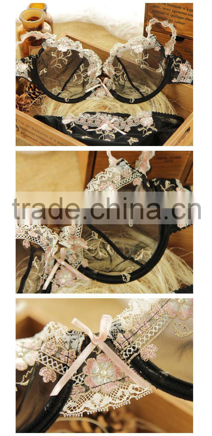 Black Flower Embroidery Transparent Sexy Bra