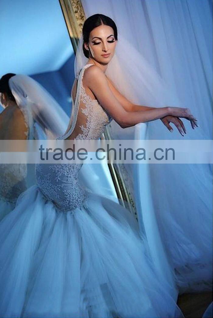 Luxury Beaded Open Back Wedding Dress Chapel Train Vintage Sheer Mermaid Bride Dress