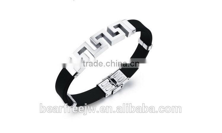 Factory Cool Mens Stainless Steel Hollow Out Greek Key Bracelet Silicone Wristband Great Wall Patterned