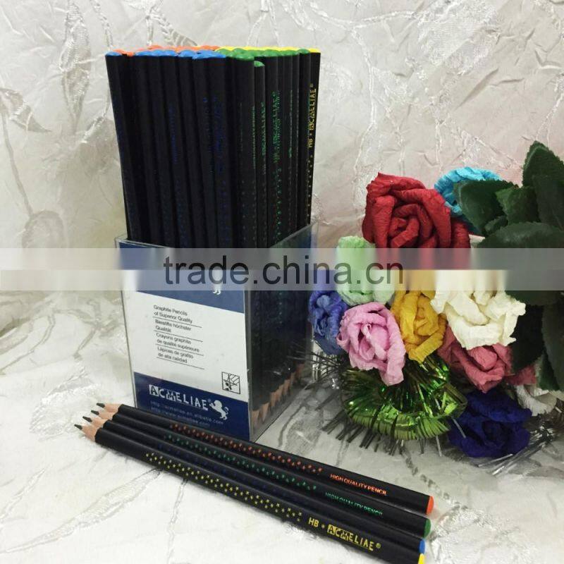 7" standard size triangular shape soft wood 72pcs matt black body HB pencil with dipped top