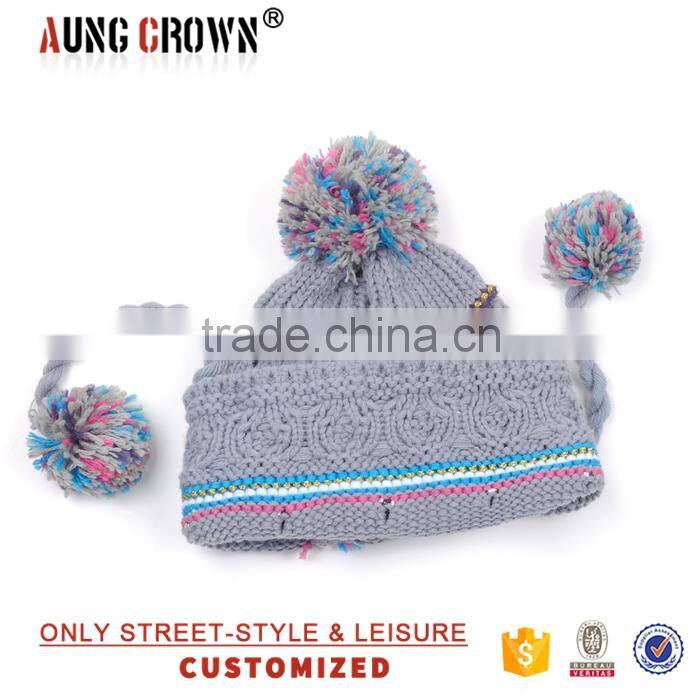 custom made acrylic knitted pom-pom beanie hat