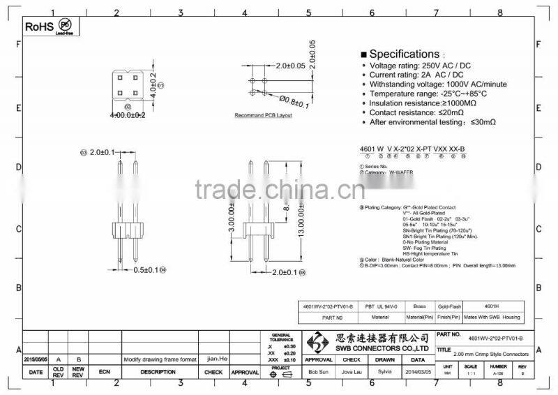 2.0mm Pitch Wire to board Pin header connectors