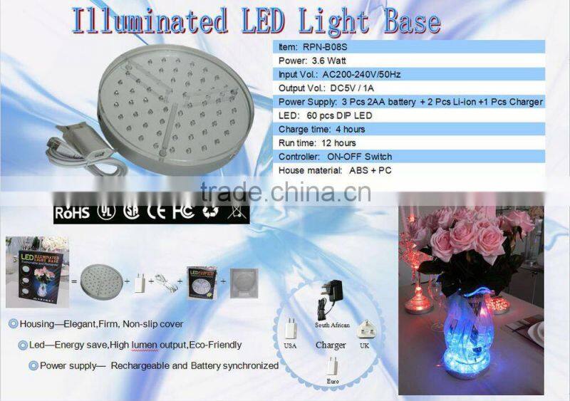 Hot sell round tall crystal centerpiece light base 8 inch rechargeable vase led centerpiece light for wedding/ party