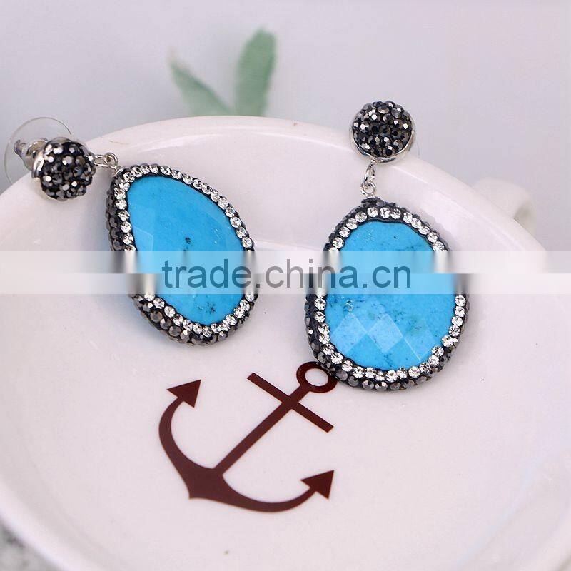 Natural Turquoise Agate Amethyst Gem Stone Earring, Free Form shape Pave Crystal Jewelry Stud Druzy Earrings