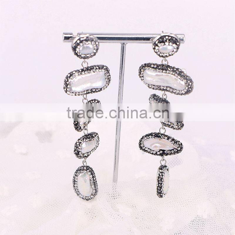 Newest Design Freshwater Pearl Beads with Rhinestone Earrings, Pave Crystal Druzy Pearl Earring For Women