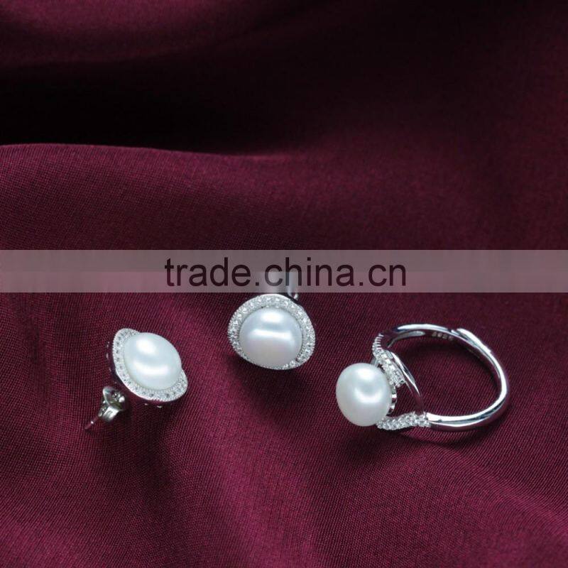 shinning new design zircon 925 sterling silver natural pearl wedding jewelry bridal set