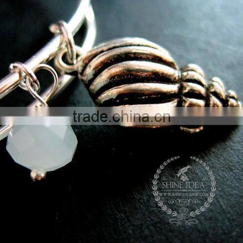 antiqued silver ocean sea shell fish blue glass bead charms wiring bangle bracelet fashion women jewelry 6440010