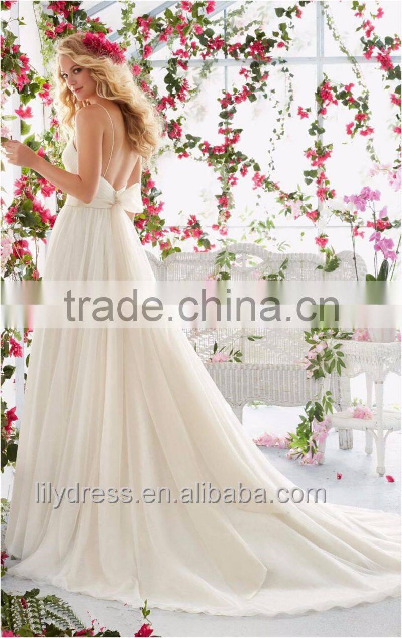Simlpe Style Sexy Spaghetti Straps Pleated A-line Wedding Dresses 2016 Long Train Shining Beaded Crystal Sash Bridal Gown ML048