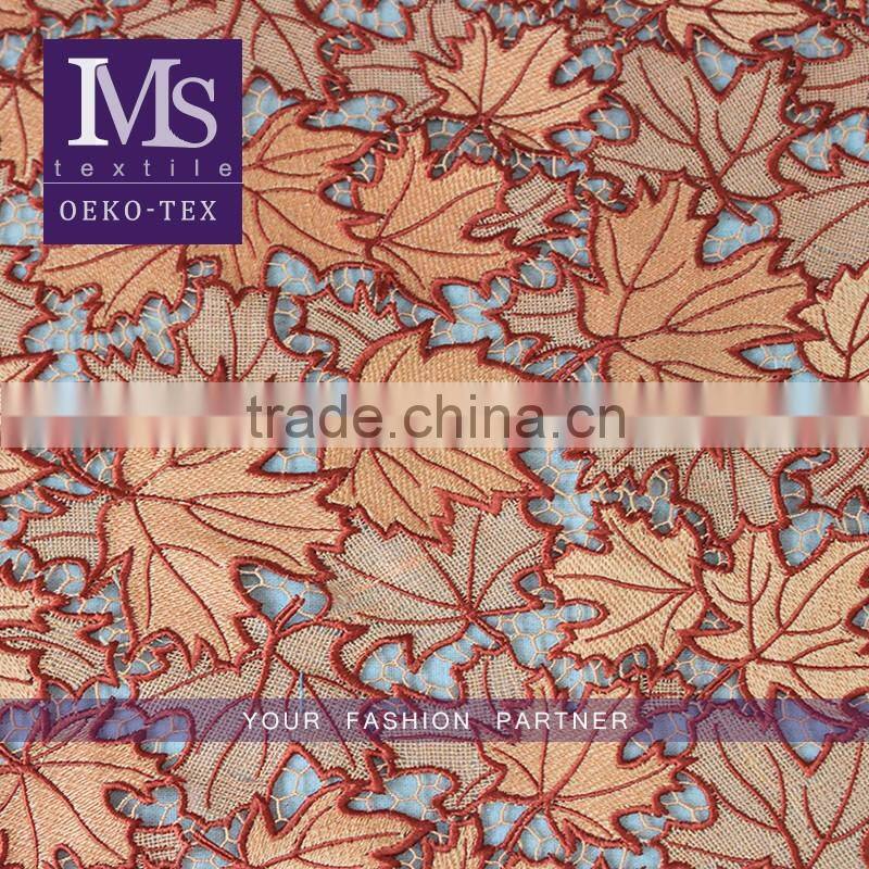 Top fashionable colorful leaves embroidered lace fabric dresses fabrics