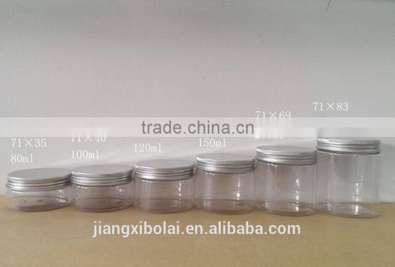 50ml-500ml transparent food grade PET food jar with aluminum lid and other lids for wholesales