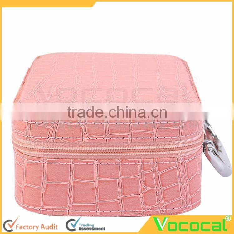 PU Leather Cosmetic Makeup Box Case Toiletry Organizer Storage Handbag With Mirror Crocodile Pattern Pink