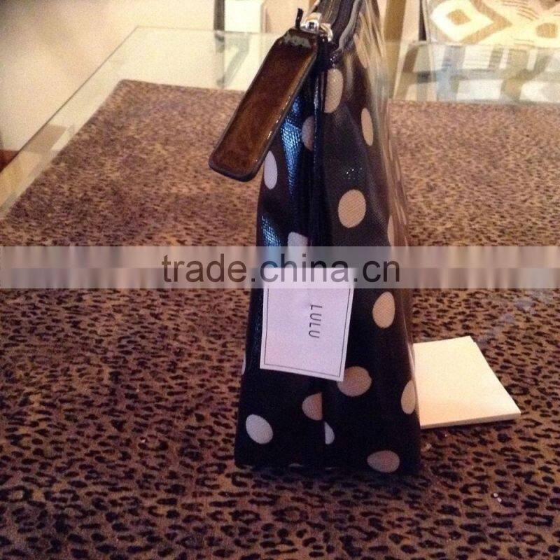 Hot sale toilet bag make up purse black dots cotton laminate