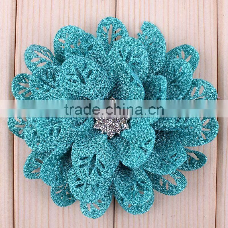 hot cutting fabric flower with rhinestone center for kids hair accessories