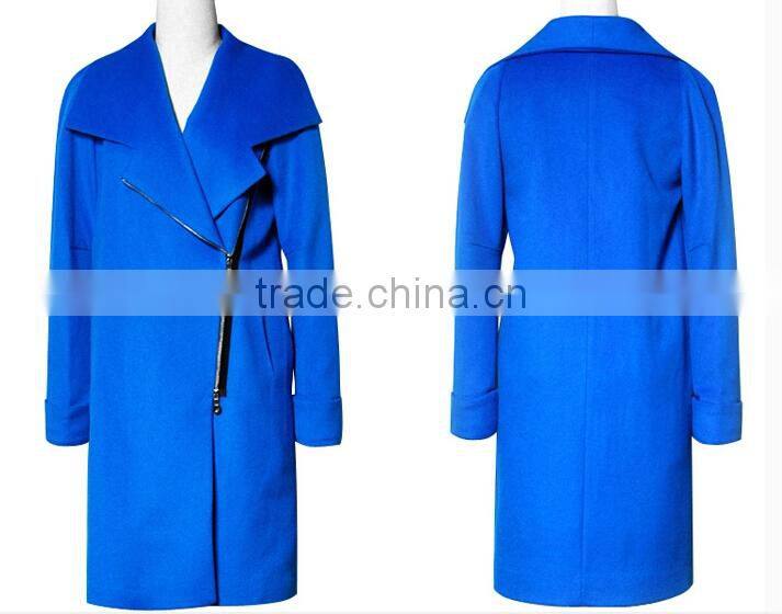 latest ladies quality overcoat blue wool/polyester woman factory wholesale coat