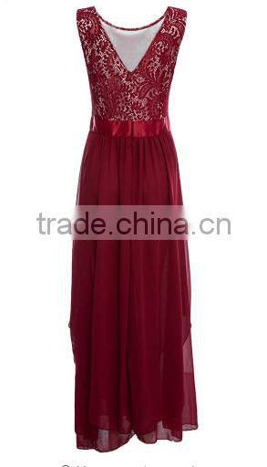 2016 Vintage Black Red Lady Elegant Sleeveless Summer Lace Patchwork Party Club Dress Round Neck Long Dress Party Dress