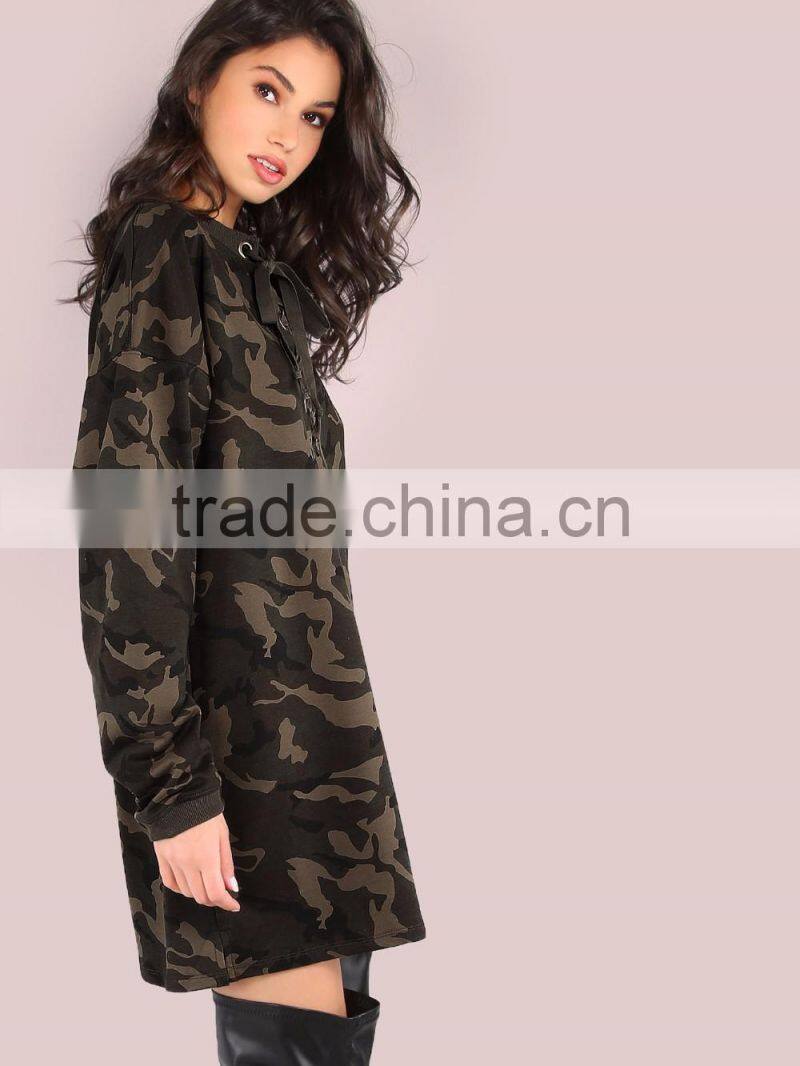 Allover Printing Camo Design Female Oversized Lace Up Long Sleeve Sweatshirt Dress