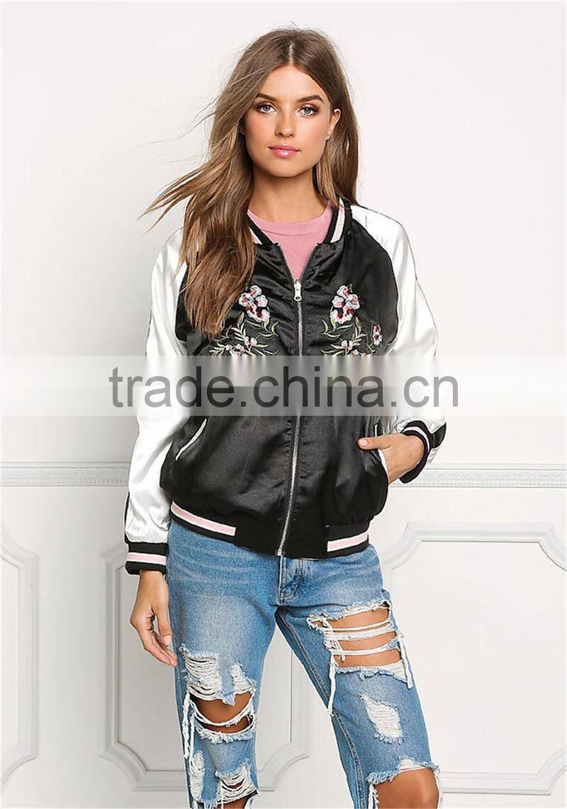 MGOO 2017 Produced Reversible Satin Jackets Custom Embroidery Back Bomber Jackets Raglan Sleeves Pink